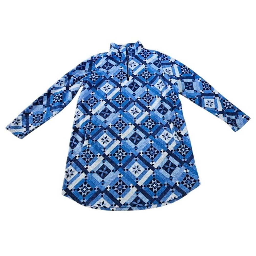 Lands End Women Large 14-16 Fleece Dress Quarter Zip Blue Quilt Snowflake Pocket